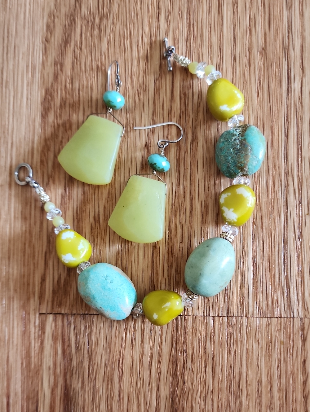 Handcrafted Lime & Turquoise Bead Bracelet with Earrings